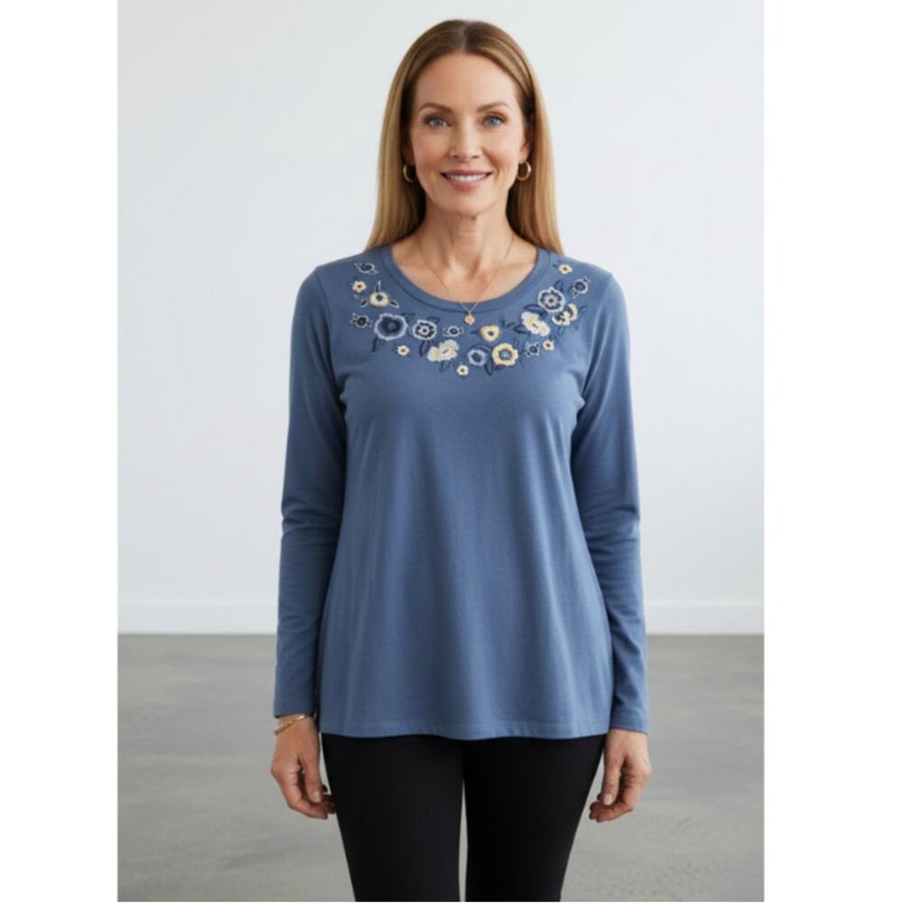 COLDWATER CREEK BLUE LONG SLEEVE EMBROIDERED FLORAL KNIT TUNIC TOP XLARGE NEW